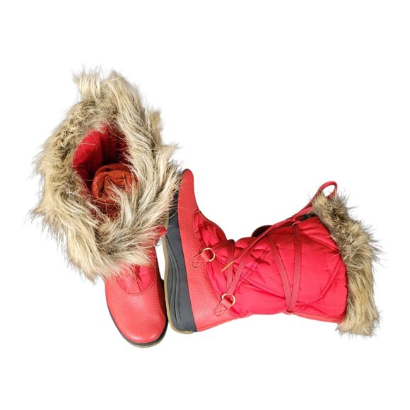 Lands End Faux Fur Trim Red Lace Up Winter Boots Women's 6.5B - Picture 6 of 12